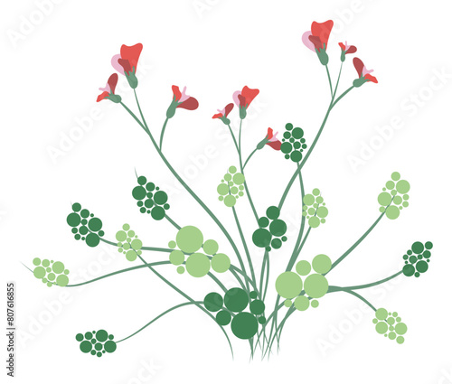 Abstract red wildflowers with leaves in flat design. Delicate blooming flowers. Vector illustration isolated.