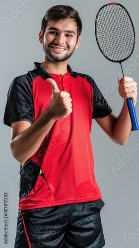 happy young male badminton player showing thumbs up with his racket in blue and black sportswear, ready to play match. Fictional Character Created by Generative AI. © shelbys