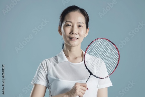 Young Asian female badminton player posing with her racket on grey background, ready for action. Fictional Character Created by Generative AI. © shelbys