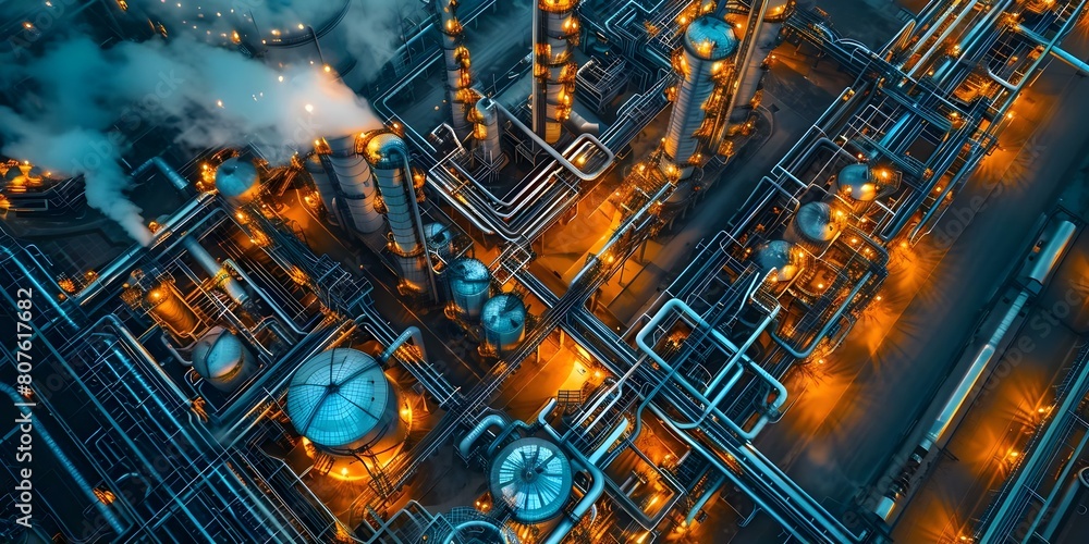 Aerial view of a petrochemical refinery in the morning light. Concept Industrial, Morning Light, Aerial View, Petrochemical Refinery, Drone Photography
