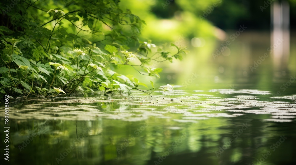 green tree reflected in a still pond, with the water's surface creating a bokeh effect. green tree reflected in a still pond, with the water's surface creating a bokeh effect.