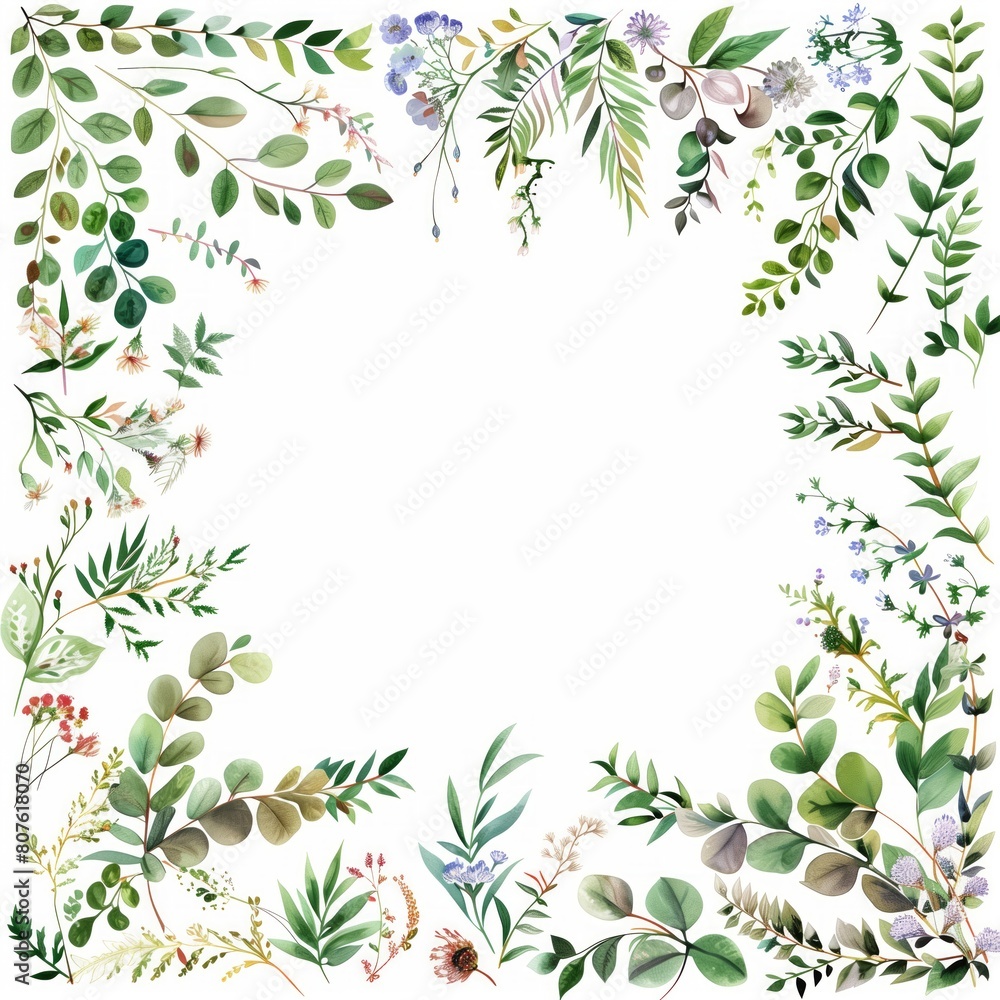 Elegant Watercolor Floral Frame with Green Leaves and Flowers Design