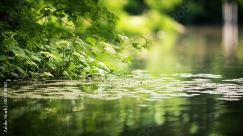 green tree reflected in a still pond  with the water s surface creating a bokeh effect. 