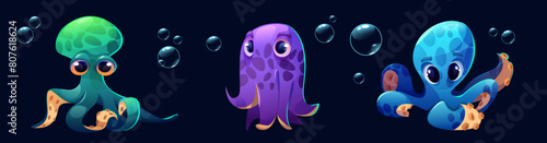 Cute childish octopus cartoon character swimming underwater with bubbles. Cartoon vector illustration set of marine or aquarium adorable friendly animal with tentacles. Funny aquatic creature.