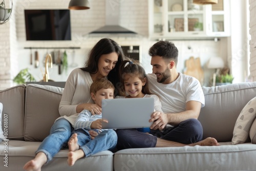 Happy family using laptop on a sofa. family time. Leisure time for parents with children. Watching a movie on a laptop