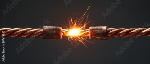 A close shot of electric spark between two bare wires against a dark backdrop showing connectivity and aggressiveness with a big space for text or product advertisement, Generative AI. photo