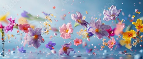 Let Your Spirits Soar With Vibrant Spring Flowers Levitating On A Pastel Blue Background, Background HD For Designer 