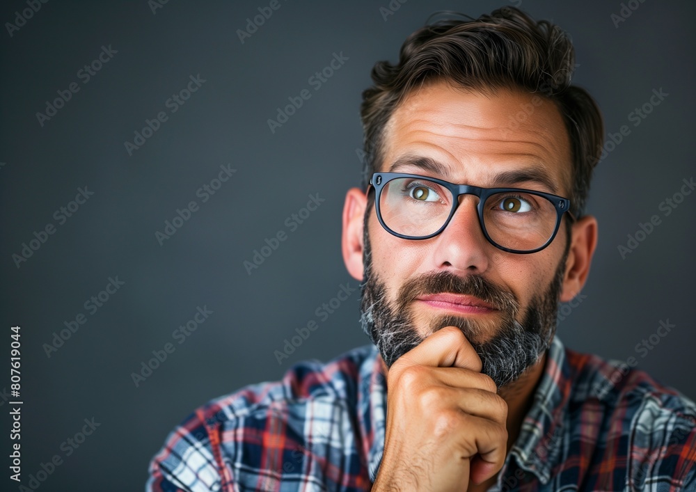 Fototapeta premium Pensive Mature Man in Glasses with Hand on Chin Over Grey Background