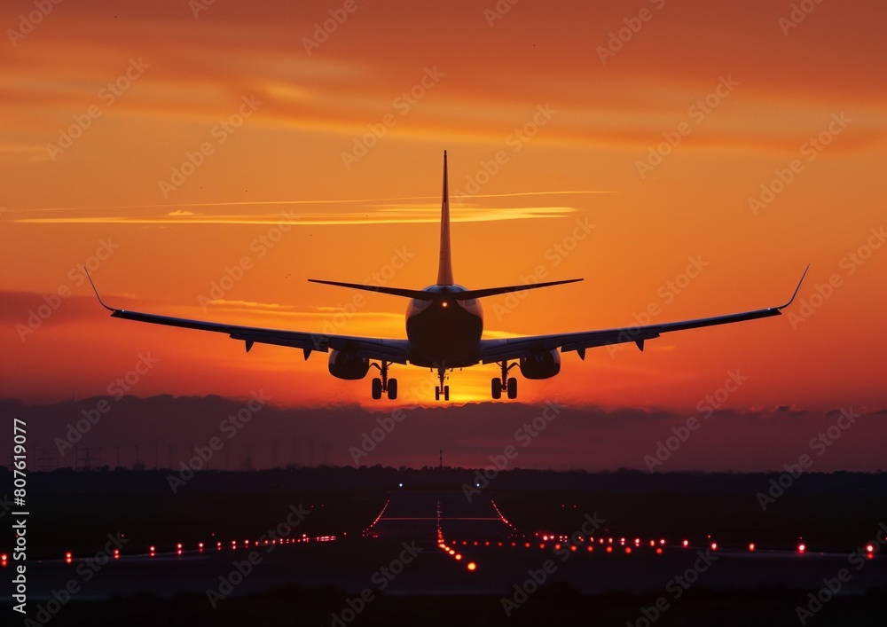 Commercial Airplane Landing on Runway at Sunset with Orange Sky