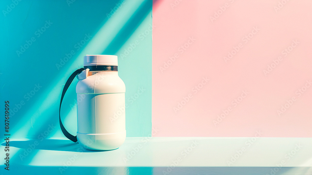 Sleek White Supplement Bottle on Pink and Blue Gradient Background - Health and Wellness Product Presentation Sleek White Supplement Bottle on Pink and Blue Gradient Background - Health and Wellness Product Presentation
