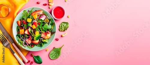 Flat lay style photo, plate with salad