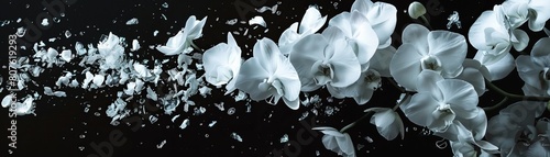 Surreal poster of orchid blooms exploding into individual petals  each fragment suspended in an empty void to evoke feelings of mystery and allure