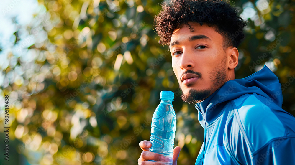 Fototapeta premium Portrait style photo, man with a bottle of water, sportswear