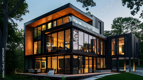 A modernist house with black metal cladding and glass windows at dusk, illuminated by warm interior lights, stands on the edge of an urban park in Canada