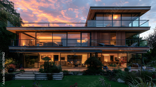 A modernist house with wooden cladding and large glass windows at sunset, overlooking the garden photo