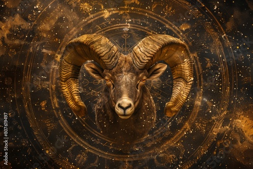 Ram With Large Horns Against Starry Sky