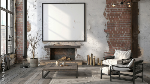 Wallpaper Mural stockphoto, Rustic coffee table and near fireplace. Loft, minimalist home interior design of modern living room, black frame mockup. Beautiful design of a modern living room. Living space mockup. Torontodigital.ca