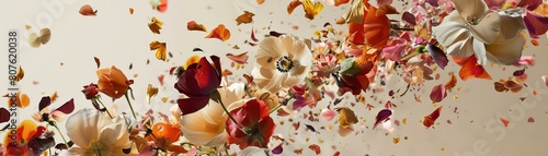 Surreal poster of annual flowers exploding into individual petals, each fragment suspended in an empty void to evoke feelings of vibrancy and transience photo