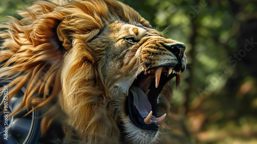 Stock image of lion who is roaring in th jungle. Lion in angry mood.