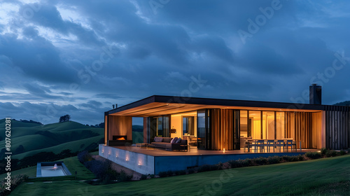 A sleek  modern house with wooden slats and large glass windows stands against the backdrop of rolling green hills under a dark sky at night