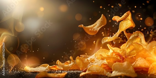 Photo of crispy chips falling into a pile enticing snack lovers. Concept Food Photography, Snack Presentation, Tempting Treats, Appetizing Images