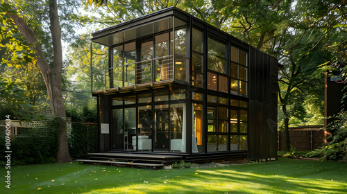 A small two-story house made of black and silver panels, with large glass windows on the front facade. The building is surrounded by green grass and trees