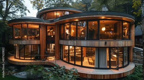 A stunning modern circular house with curved walls  glass windows and doors on the sides  wooden cladding in brown color  surrounded by trees