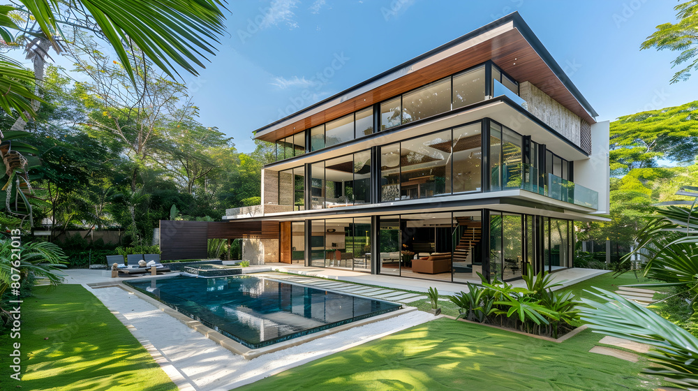 A stunning modern villa with large windows, surrounded by lush gardens and an elegant pool, offering a serene retreat for relaxation and entertainment