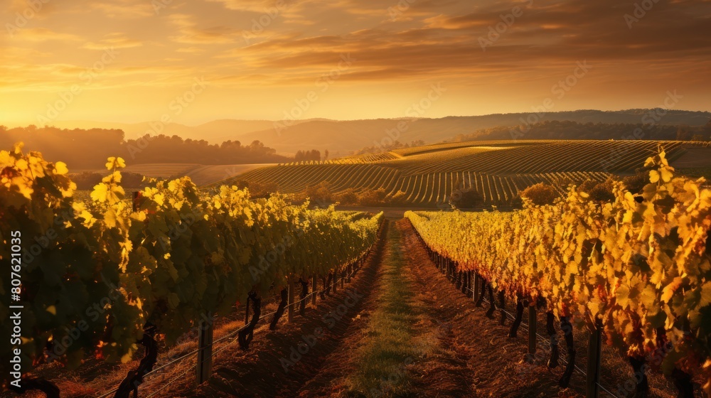 Fototapeta premium vineyard basking in the golden hues of sunset, 