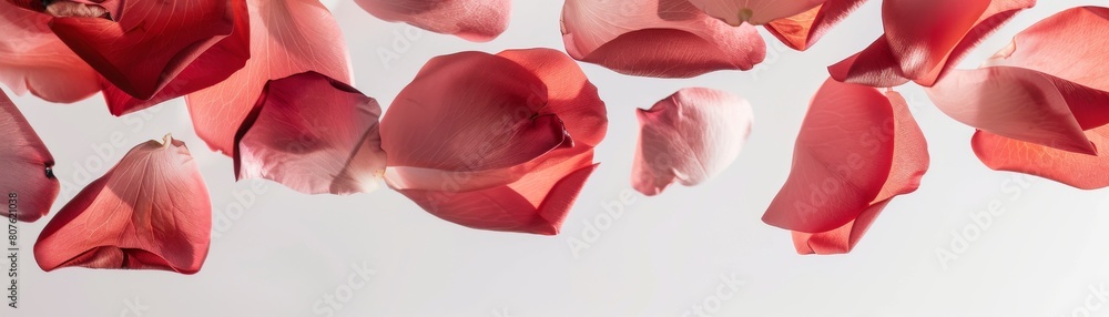 Stylish poster featuring an artistic arrangement of rose petals floating, with ample negative space drawing attention to the flowers ephemeral beauty Stylish poster featuring an artistic arrangement of rose petals floating, with ample negative space drawing attention to the flowers ephemeral beauty