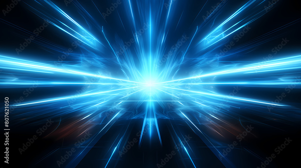 Abstract futuristic background with blue glowing rays and speed lines