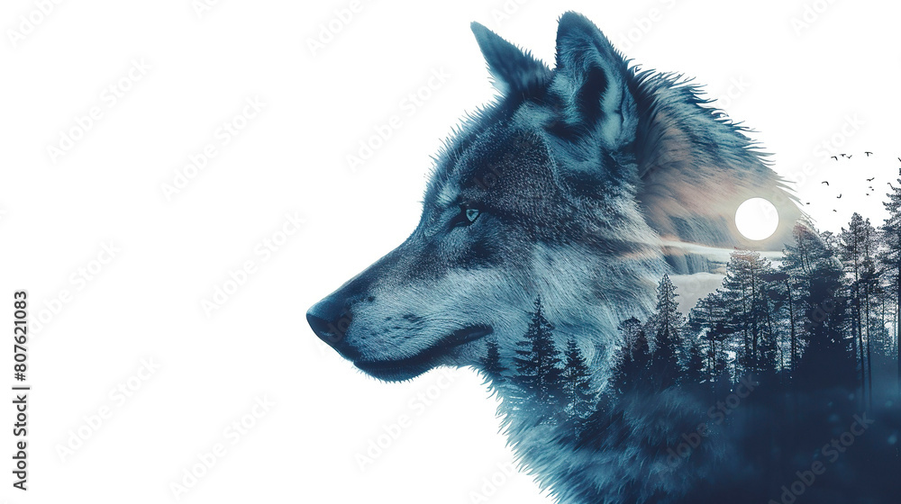 Double exposure of wolf and forest.