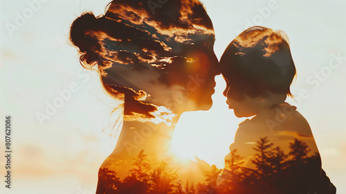 Silhouette of mother and baby on sunset background. Double exposure.