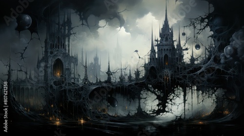 Abstract surreal gothic black castle hanging between heaven and earth  sharp lines and twilight.