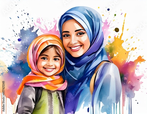 A veiled Saudi Arabian Gulf mother and daughter smile while looking at the camera. Watercolor art