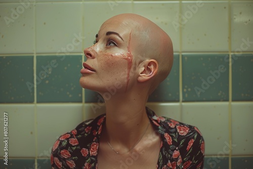 Side view of bald young woman, cancer or oncological disease concept photo