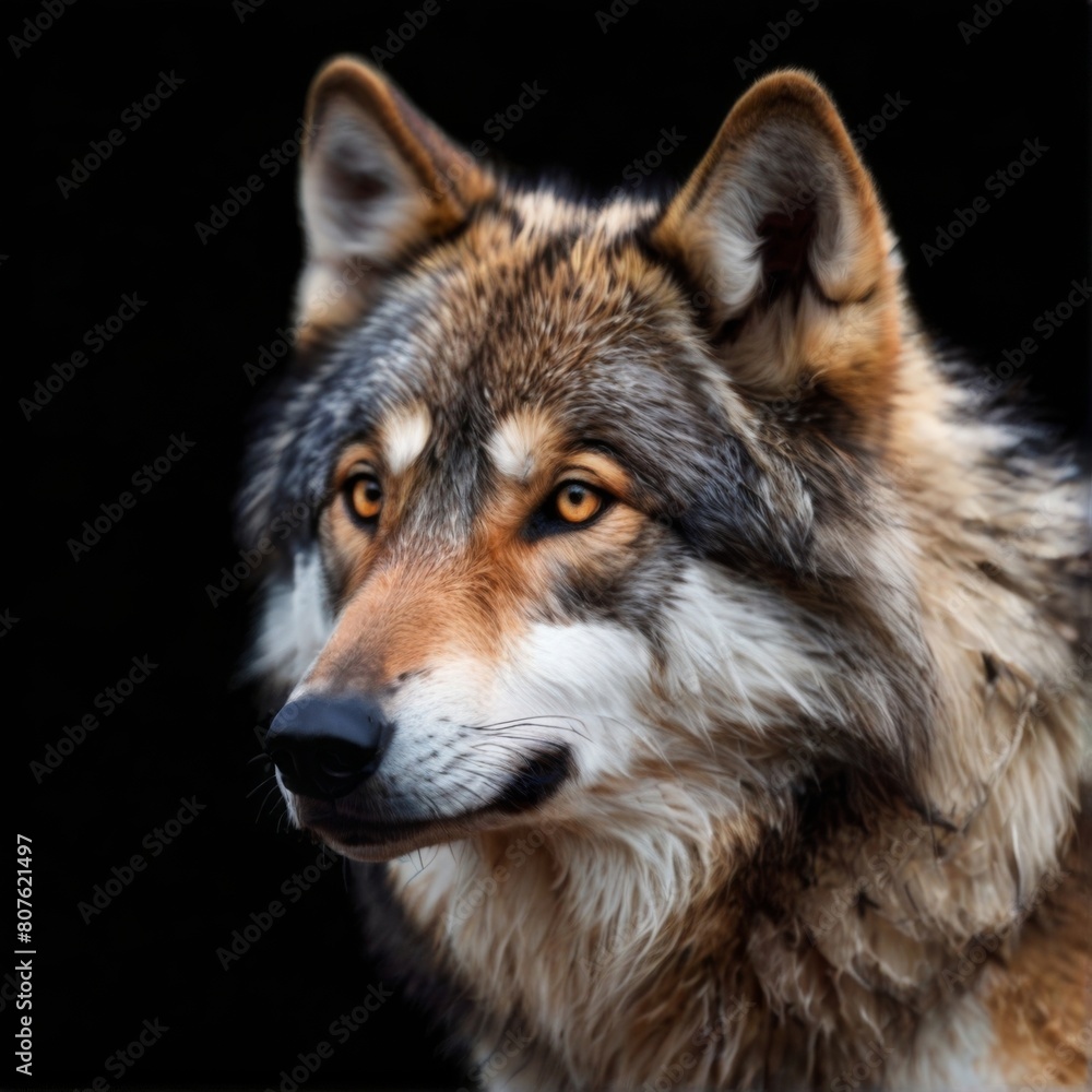 Obraz premium a wolf with a black nose and a brown eye that says quot wolf quot