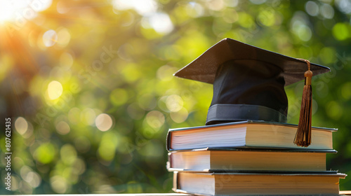 Graduation cap on stack of books sunlight blurs the background