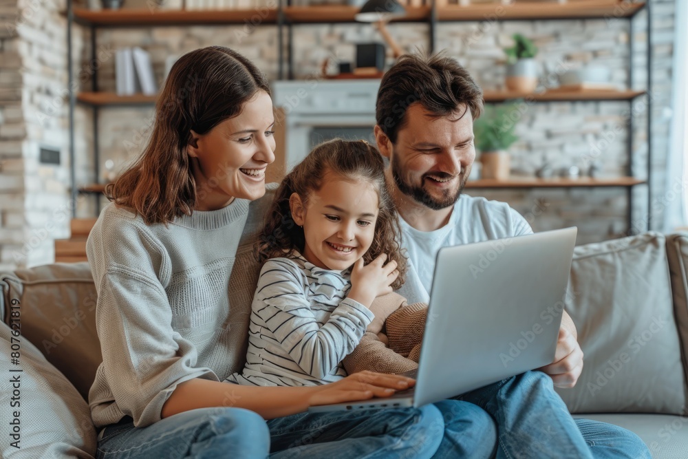 Happy family using laptop on a sofa. family time. Leisure time for parents with children. Watching a movie on a laptop Happy family using laptop on a sofa. family time. Leisure time for parents with children. Watching a movie on a laptop
