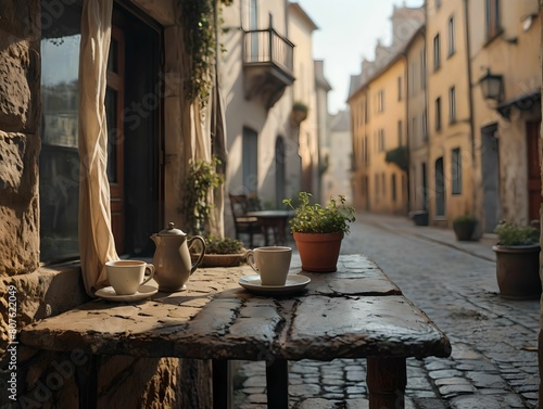 Fototapeta Naklejka Na Ścianę i Meble -  street cafe in the old town. 3D rendering