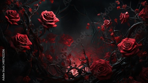 Beautiful bloody red roses with black foliage and sharp thorns on black background.