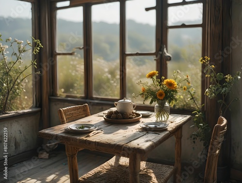 table and chairs in the garden. 3D rendering