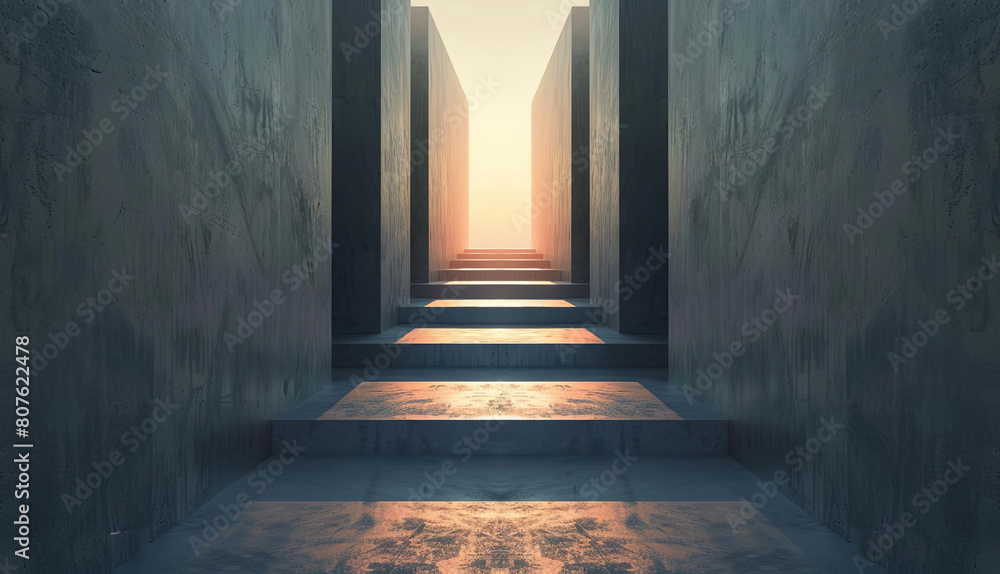 A long concrete hallway with a bright light at the end. There is a person standing in the middle of the hall.