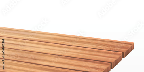 Wooden kitchen table corner perspective background. 3d wood desk surface angle with realistic texture for product presentation or dining. Brown rustic oak counter design template for cafe with space