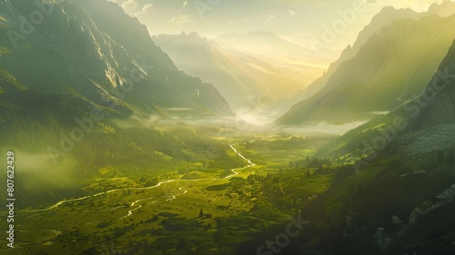  A peaceful mountain valley bathed in golden light, with a meandering river winding through verdant meadows and towering peaks. . 
 photo