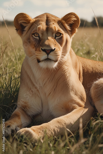 A lioness lays in the tall grass, staring into the camera. Ai generative