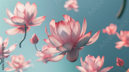 Photorealistic poster showcasing lotus flowers in midair  vividly detailed against significant negative space to focus on their delicate textures