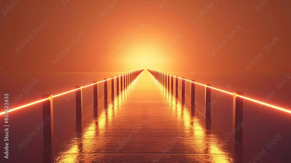 A wooden dock lit by red neon lights at sunset A wooden dock lit by red neon lights at sunset