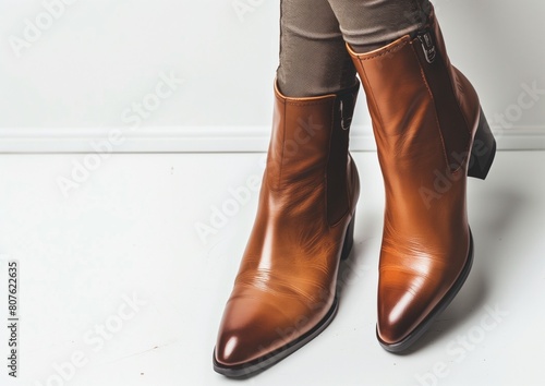 Elegant Brown Leather Ankle Boots on White Background Fashion Footwear photo