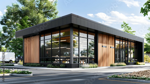 architectural rendering, front view of a small modern industrial building with black metal and wood cladding, large glass windows